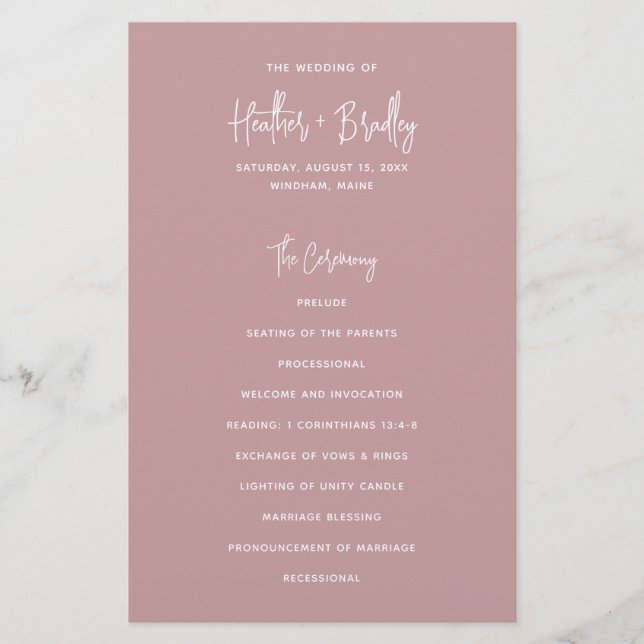 Minimal Dusty Rose Rosa Budget Bröllopsprogram (Framsidan)