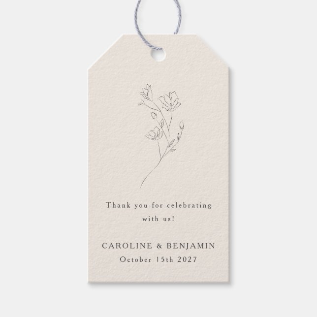 Minimal Ecru Blommigt Line Elegant bröllop Anpassn Presentetikett (Framsidan)