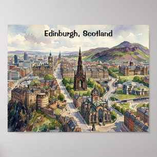 Minimal Edinburgh Skottland Stadsvy Akvarell Poster