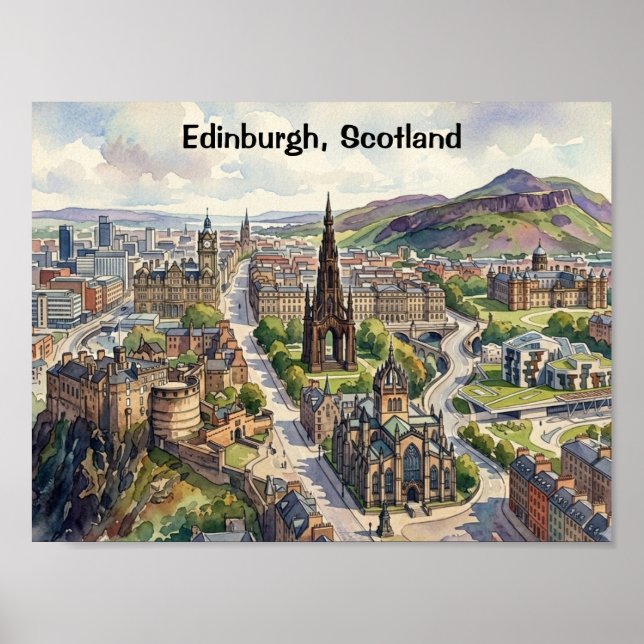 Minimal Edinburgh Skottland Stadsvy Akvarell Poster (Framsidan)