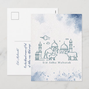 Minimal Eid al Adha-moské och djur Linje Konst Helg Vykort