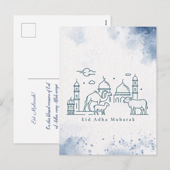 Minimal Eid al Adha-moské och djur Linje Konst Helg Vykort (Fram/baksida)