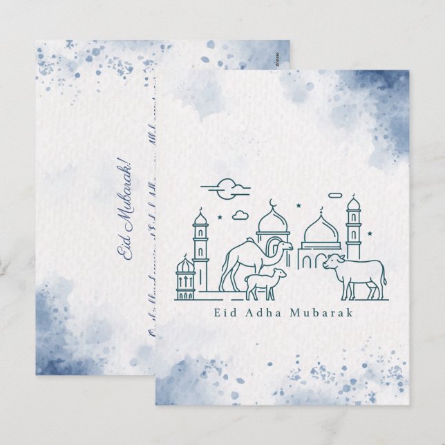 Minimal Eid al Adha-moské och djur Linje Konst Helg Vykort (Fram/baksida)
