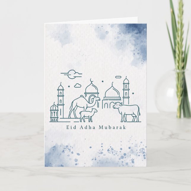 Minimal Eid al Adha-moské och djur Linje Konst Helgkort (Framsida)