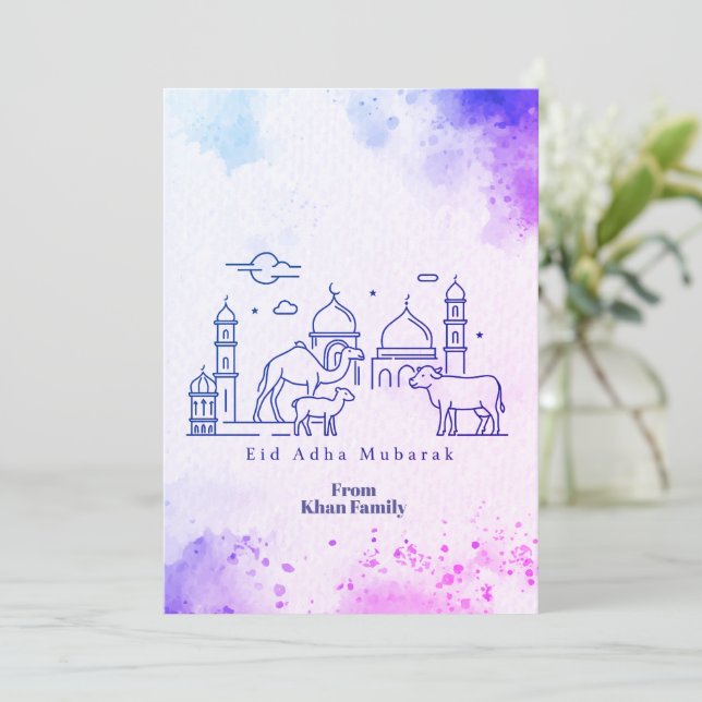 Minimal Eid al Adha moské och djur Linje Konst  Julkort (Stående Fram)