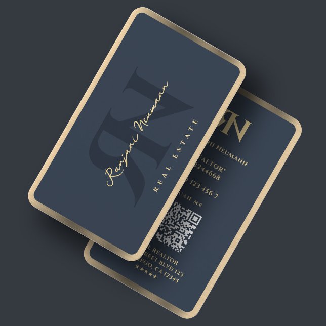 Minimal eldkol Blue Faux Guld Gräns Visitkort (Minimal Realtor Charcoal Blue Faux Gold Border Business Card
)