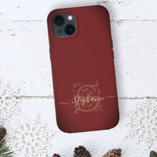 Minimal Elegant Blommigt Red & Guld S Namn Monogra