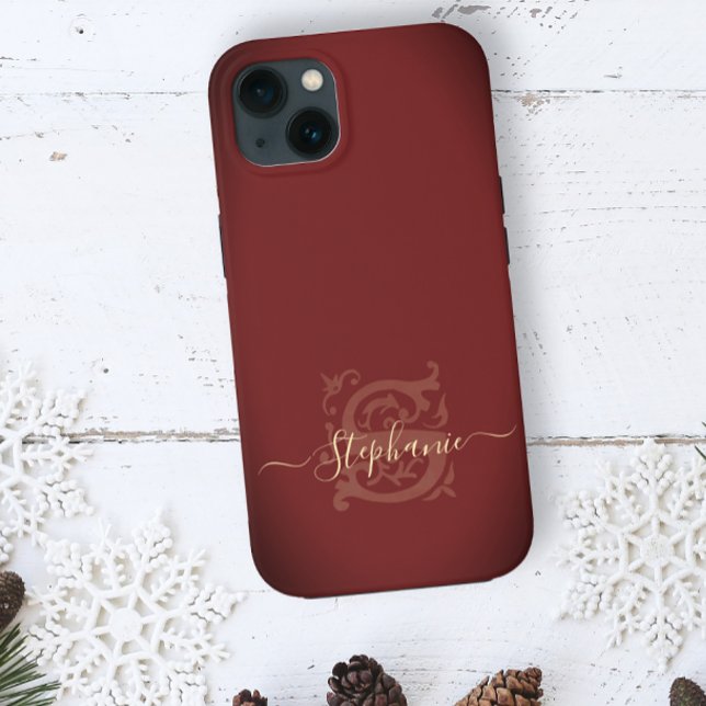 Minimal Elegant Blommigt Red & Guld S Namn Monogra (Skapare uppladdad)