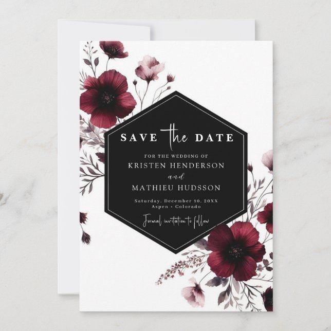 Minimal Elegant Burgundy Bröllop Spara Datumet (Framsida)