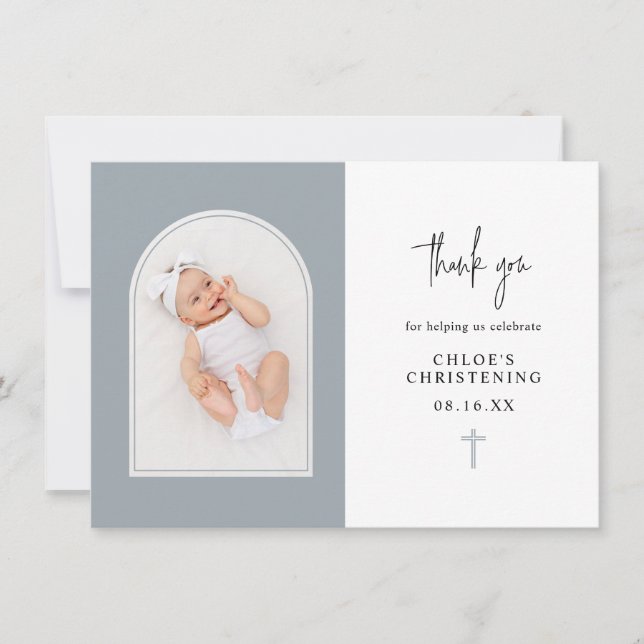 Minimal Elegant Dusty Blue Arch Photo Christening  Tack Kort (Framsida)