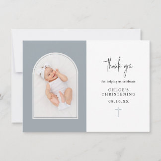 Minimal Elegant Dusty Blue Arch Photo Christening Tack Kort