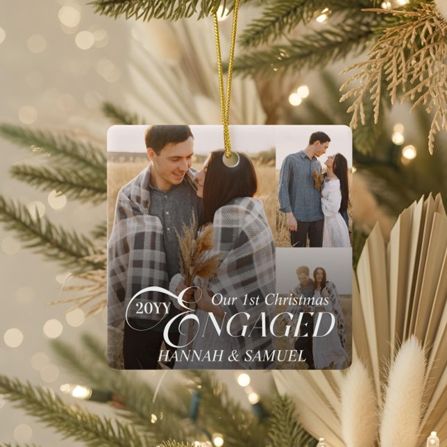 Minimal Elegant Engaged Couples Photo Collage Julgransprydnad Keramik (Minimal Elegant Engaged Couples Photo Collage Ceramic Ornament)