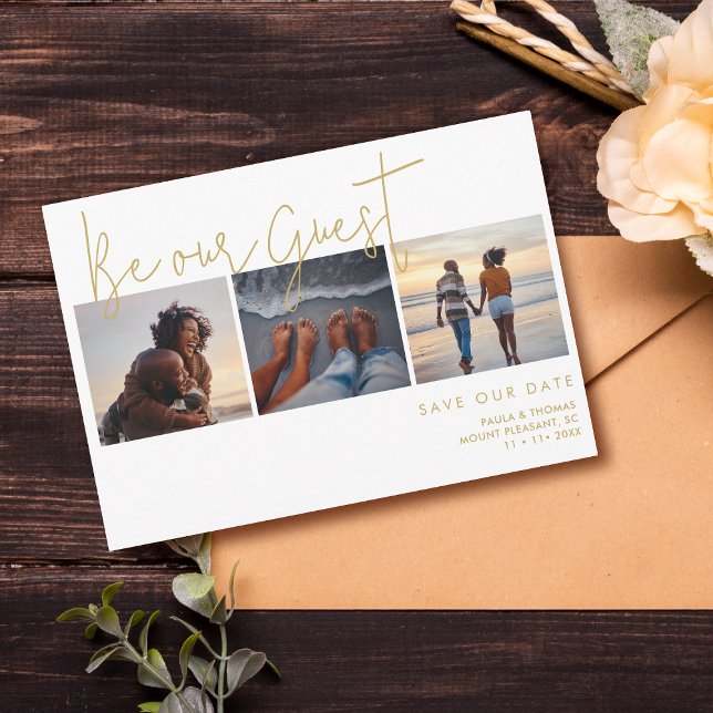 Minimal Elegant Fake Guld Effect 3 Foton Bröllop Spara Datumet (Minimal Elegant Fake Gold Effect 3 Photos Wedding Save the Dates Cards with Envelope.)