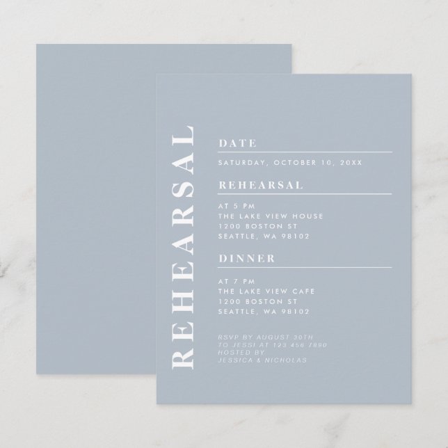 Minimal Elegant för modern, blått rehearsal-dyster Inbjudningar (Fram/baksida)