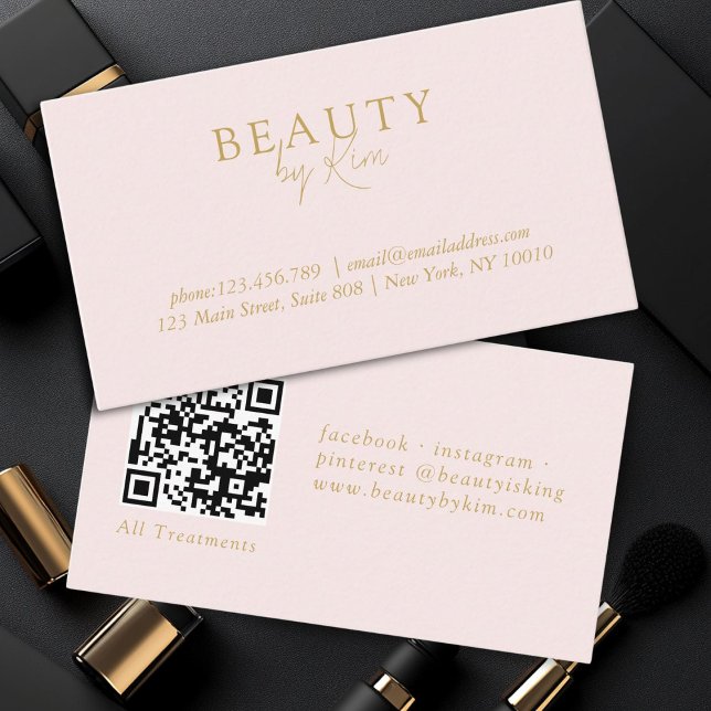 Minimal Elegant för rosa och Beige-Guld, Salon QR- Visitkort (Pink & Beige-Gold Minimal Elegant, Salon QR Code Business Card)