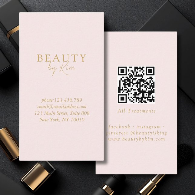 Minimal Elegant för rosa och Beige-Guld, Salon QR- Visitkort (Pink & Beige-Gold Minimal Elegant, Salon QR Code Business Card)