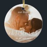 Minimal elegant | Första julfoto och text Julgransprydnad Keramik<br><div class="desc">Anpassningsbar Helgdag Vår första jul som Mr. och Mrs. Minimalist Photo Round Ceramic Ornament</div>