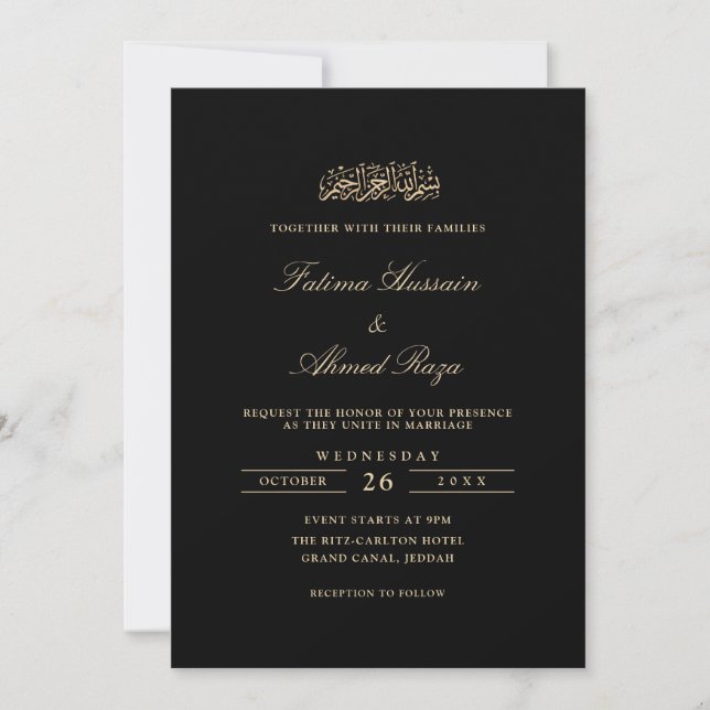 Minimal Elegant Gold Script Black Muslim Wedding Inbjudningar (Framsida)