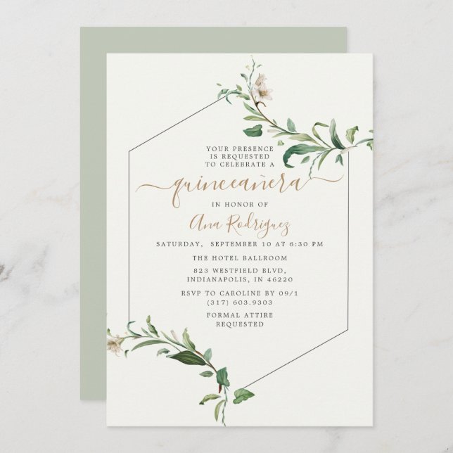 Minimal Elegant Greenery Blommigt Quinceañera Inbjudningar (Fram/baksida)