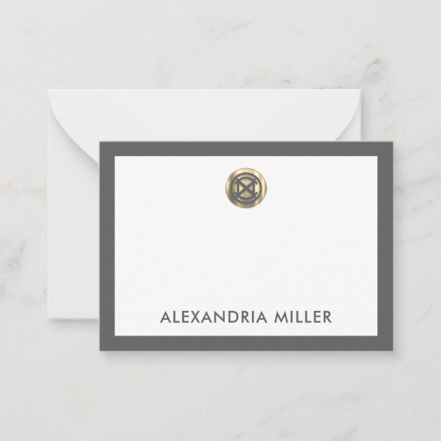 Minimal Elegant Guld Emblem Namn White Grått Anteckningskort (Framsida)