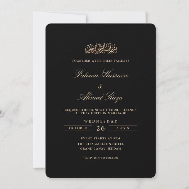 Minimal Elegant Guld Skript Svart Muslimsk Bröllop Inbjudningar (Framsida)