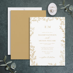 Minimal Elegant i Löv Guld, Monogram Bröllop Inbjudningar