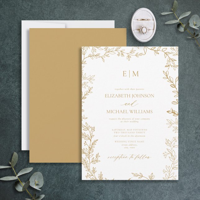 Minimal Elegant i Löv Guld, Monogram Bröllop Inbjudningar (Skapare uppladdad)