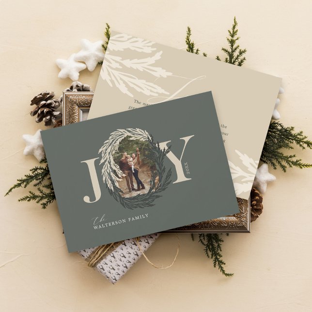 Minimal Elegant Joy Winter Garland Photo Wandan Julkort (Minimal Elegant Joy Winter Garland Photo Wreath Holiday Card)