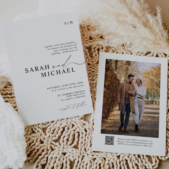 Minimal Elegant Modern skript QR-kod Bröllop Inbjudningar (Skapare uppladdad)