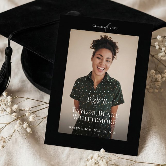 Minimal Elegant Monogram Black Graduation Photo Meddelande (Minimal Elegant Monogram Black Graduation Photo Announcement)