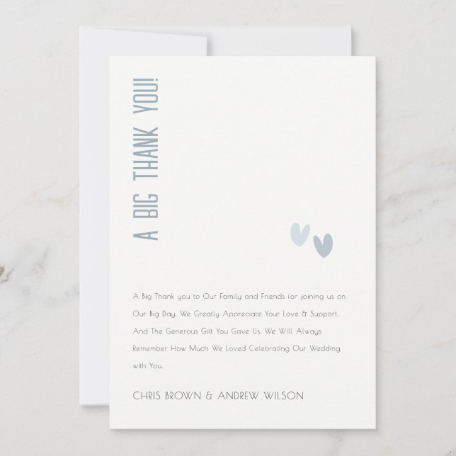 Minimal Elegant Pastel Dusky Blue Hearts Bröllop Tack Kort (Framsida)