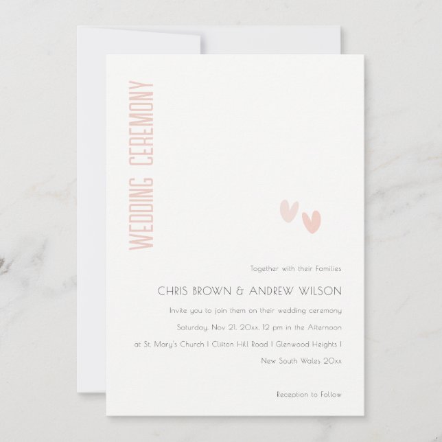 Minimal Elegant Pastel Dusky Rosa Hearts Bröllop Inbjudningar (Framsida)