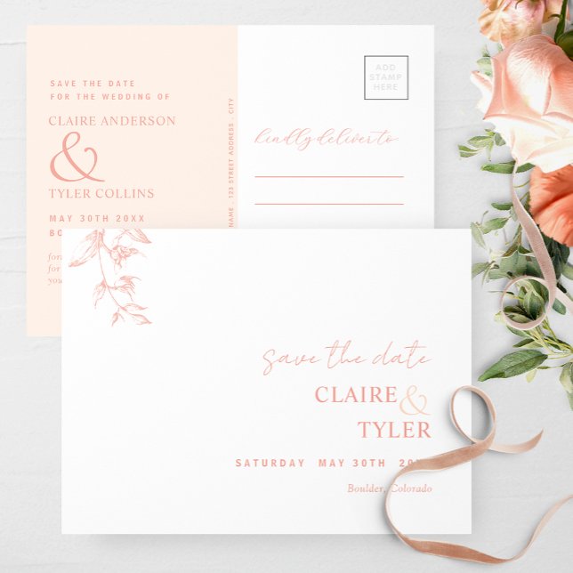 Minimal elegant, Peach Bröllop spara datum Vykort (Skapare uppladdad)