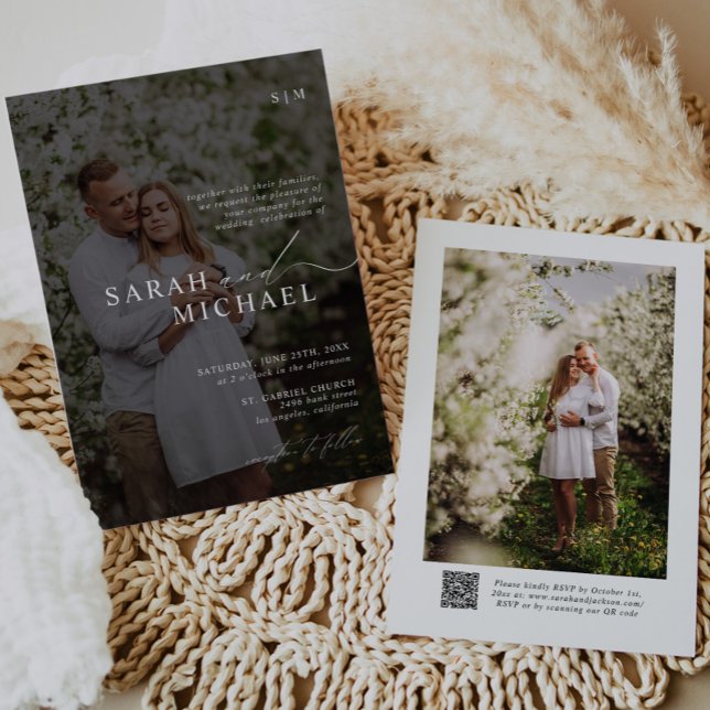 Minimal Elegant Ren skript QR-kodfoto Bröllop Inbjudningar (Skapare uppladdad)