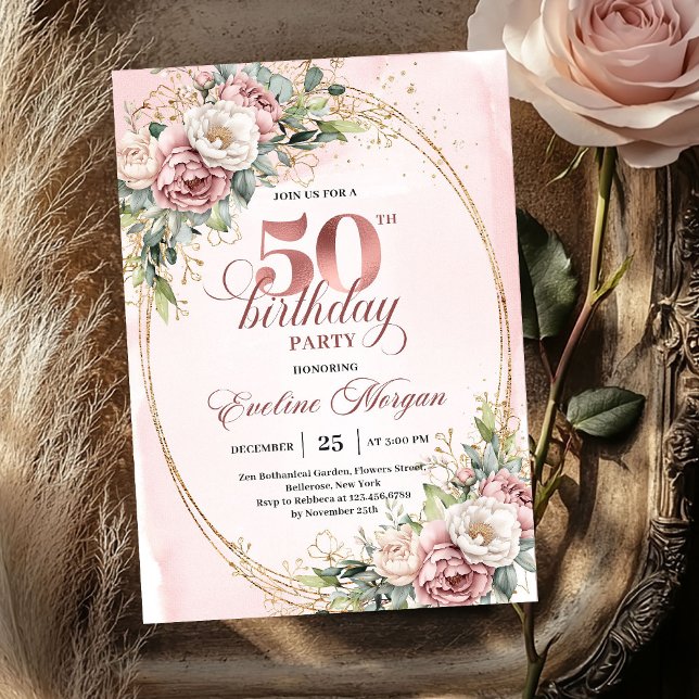 Minimal Elegant Rosa 50-års Födelsedagsinbjudan Inbjudningar (Minimal Elegant Blush 50th Birthday Invitation)