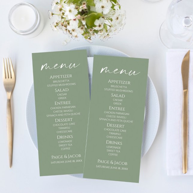 Minimal Elegant Sage Grönt Bröllop Food Menu (meny Meny (Skapare uppladdad)