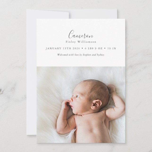 Minimal Elegant Script 2 Foto Newborn Stats Birth Meddelande (Framsida)