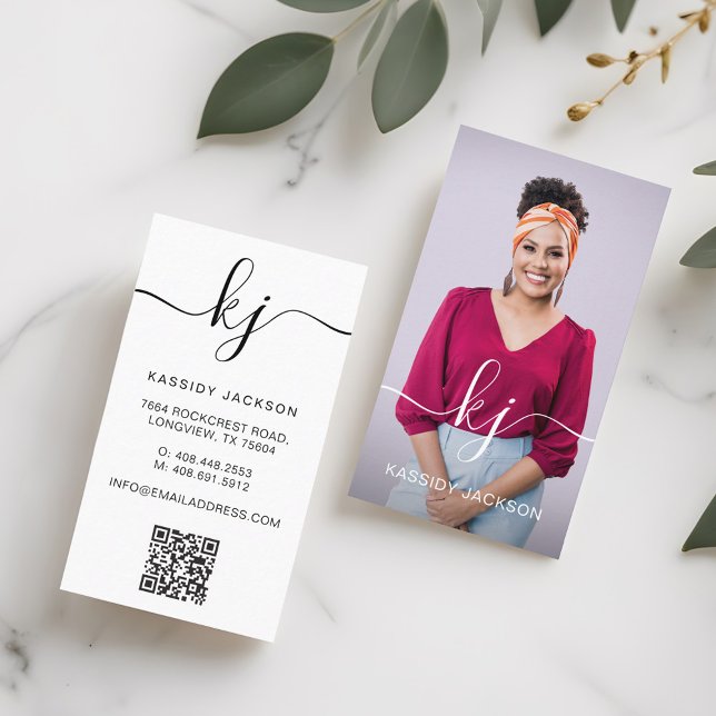 Minimal Elegant Skriptmonogram Fastighetsfoto Visitkort (Elegant Script Monogram Logo Photo & QR Code Business Card)