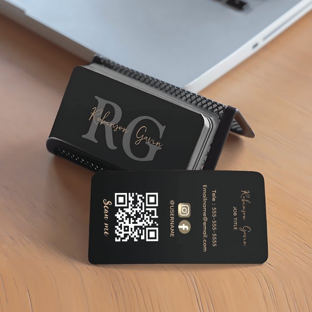 Minimal Elegant, svart QR-kod, Monogram Visitkort (Minimal Elegant Monogram Black QR Code Business Card)