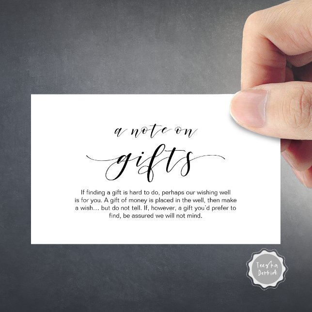 Minimal elegant, svart teckensnitt, en anteckning  tilläggskort (Elegant Minimal, Black font, A note on gifts wedding Enclosure Card)
