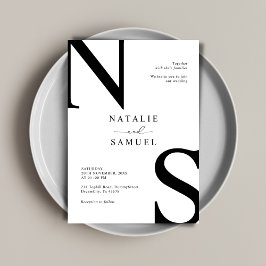 Minimal Elegant Svart & Vitt Djärvt Initialt Bröll Inbjudningar