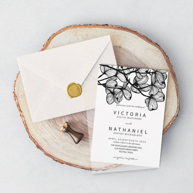 Minimal Elegant Svartvit Blommigt, sommartid, Bröl Inbjudningar (Skapare uppladdad)