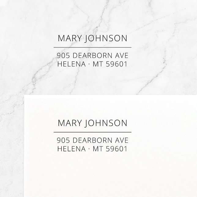 Minimal Elegant Typografisk Returadress 06. Självfärgande Stämpel (Simple, modern return address self-inking stamp featuring custom name and address with fine line.)