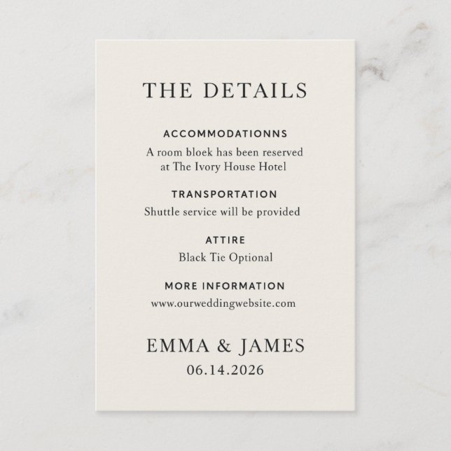 Minimal Elegant Wedding Details Card Tilläggskort (Framsida)