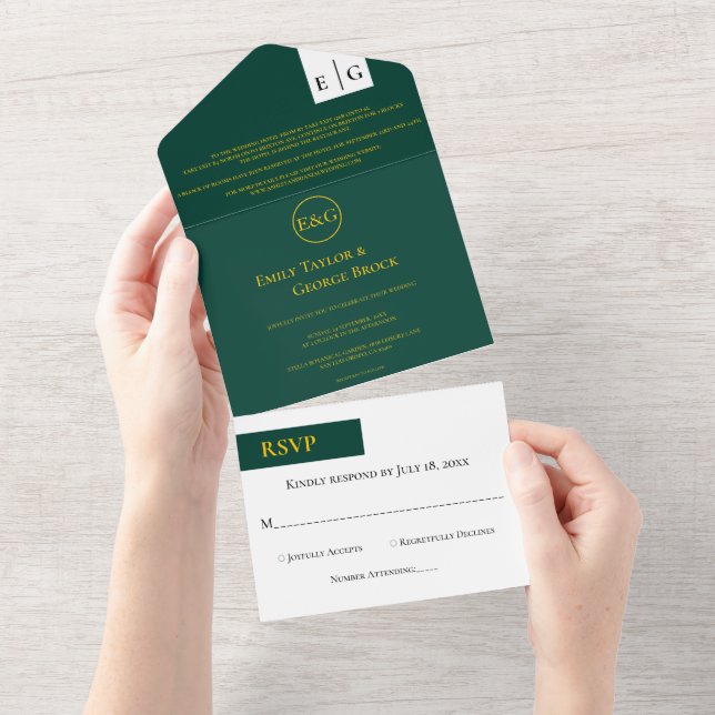 Minimal Emerald Grönt Guld Monogram Classy Bröllop (Tearaway)