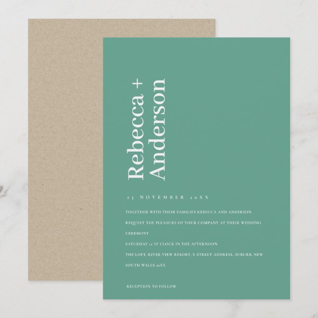 MINIMAL EMERALD GRÖNT TYPOGRAPHY WEDDING INVITE TACK KORT (Fram/baksida)
