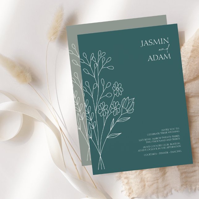 Minimal Emerald Grönt White Wildblommor Bröllop Inbjudningar (Skapare uppladdad)
