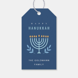 Minimal enkel Blue Menorah Candles Lycklig Hanukka Presentetikett