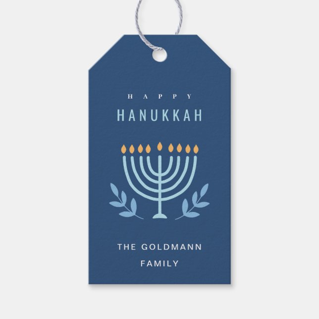 Minimal enkel Blue Menorah Candles Lycklig Hanukka Presentetikett (Framsidan)