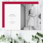 Minimal enkel jul, svart och vit fotoröd julkort<br><div class="desc">Ett minsta bildkort av snyggt med klassisk typografi "Glad helg" i svart på en ren, enkel, minimalistisk vit helgdag och en röd rik färg på motsatt sida. Fotot, Julhälsningar och namn kan enkelt anpassas för personlig beröring. En enkel, minimalistisk och contemporary julklapp som utmärker den här julhelgen! Bilden som visas...</div>